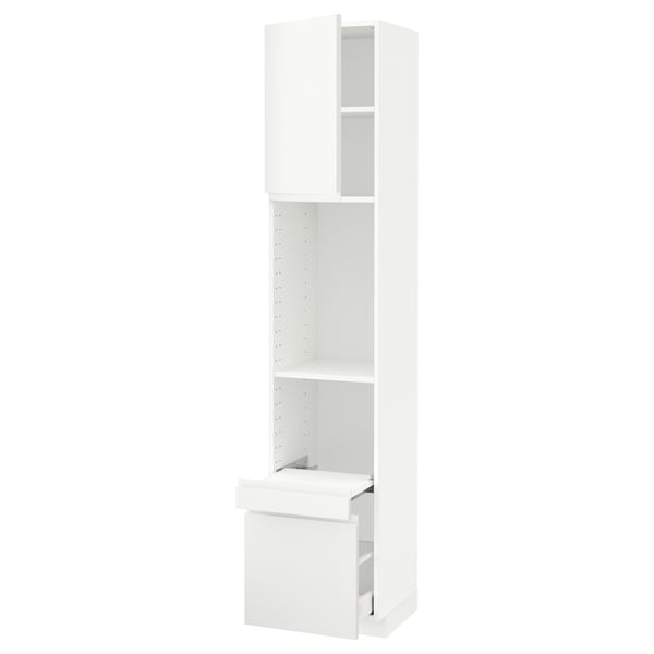 METOD tall white kitchen cabinet. Minimalist design with adjustable shelves and integrated handles.