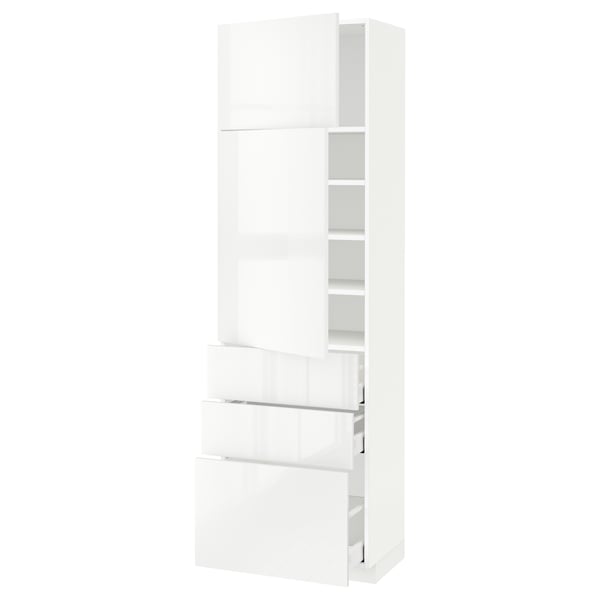 Modern white high gloss kitchen cabinet with drawers and shelves.