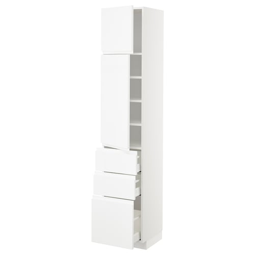 A white METOD kitchen cabinet with integrated handles, featuring multiple shelves and drawers.