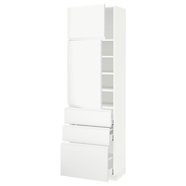 Modern white kitchen cabinet with integrated handles and adjustable shelves. Tall, rectangular, flat design.