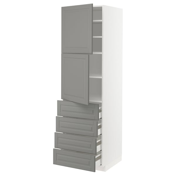 Tall white kitchen storage unit with grey drawers and cabinets. Modern, practical design with adjustable shelves.