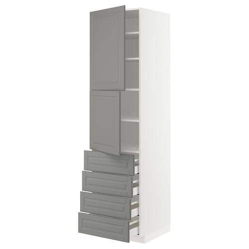 A white METOD kitchen cabinet with grey bodbyn doors and drawers, featuring a traditional design with bevelled edges.