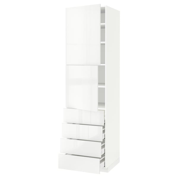 METOD white kitchen cabinet with glossy finish, rectangular shape, multiple shelves, and drawers.