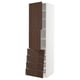 A tall white kitchen cabinet with dark brown wooden doors and drawers. It multiple shelves and drawers for storage.