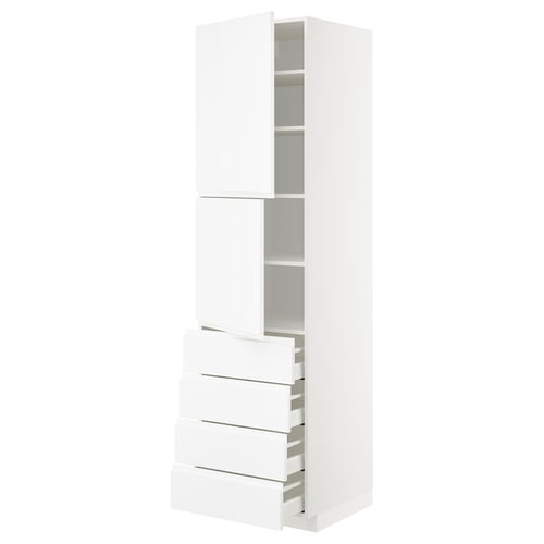 METOD white high gloss kitchen cabinet with four drawers and shelves.