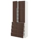 Modern white and dark brown kitchen cabinet with four drawers and two doors.