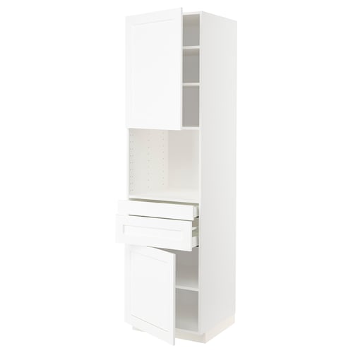 White METOD kitchen unit, tall with shelves, drawers, and door.