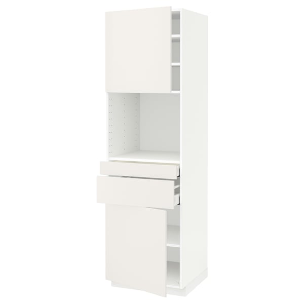White METOD kitchen cabinet with smooth veddinge design, tall with integrated drawer.