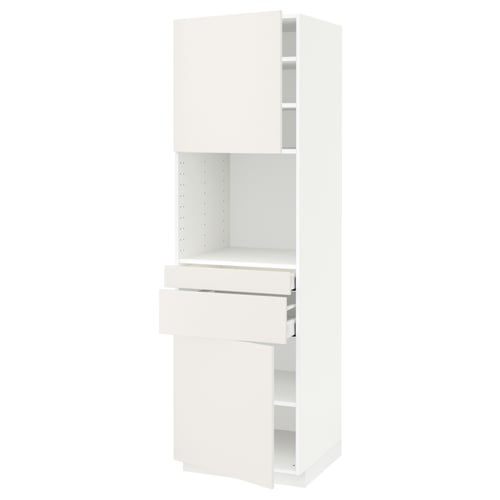 White METOD kitchen cabinet with smooth veddinge design, tall with integrated drawer.