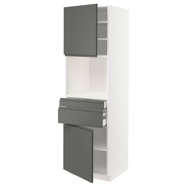 METOD kitchen unit in white and dark grey. Shelves and drawers, with grey matte handles. Tall and rectangular, modern design.