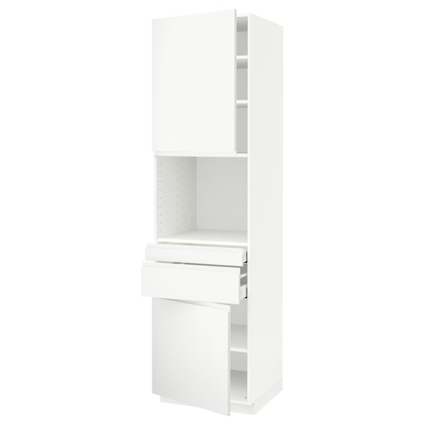 METOD white kitchen unit, modern minimalist white design, three sections: upper cupboard, open shelf, lower drawer with three sections, smooth edges.
