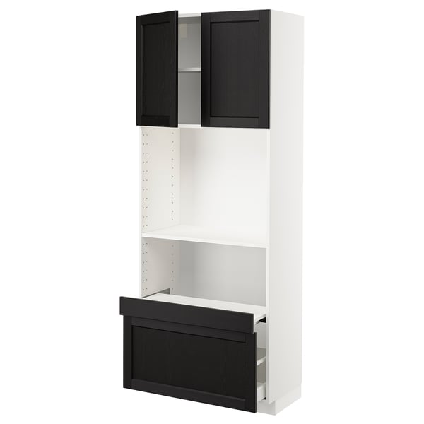 Black and white kitchen cabinet with two open doors, one drawer.