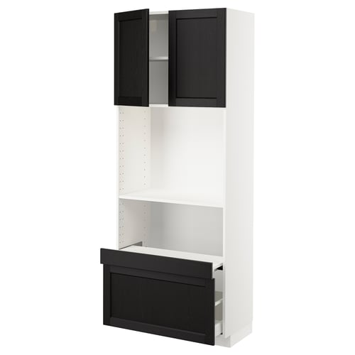 Black and white kitchen cabinet with two open doors, one drawer.