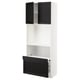 Black and white kitchen cabinet with two open doors, one drawer.
