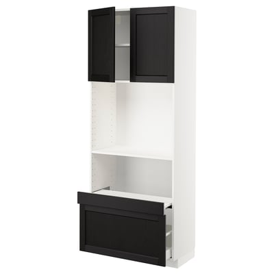 Black and white kitchen cabinet with two open doors, one drawer.