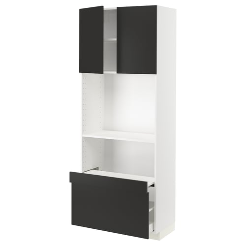 METOD kitchen unit in white with black doors and drawer.