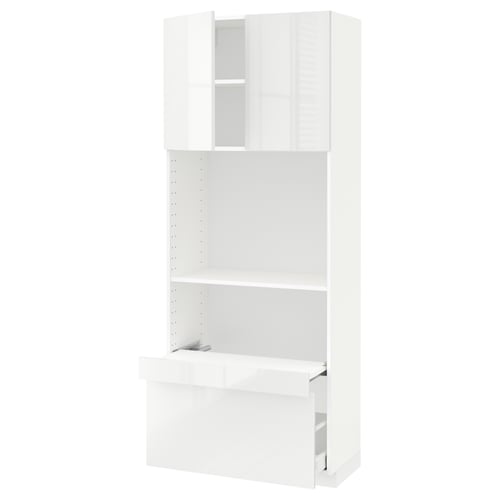 A white METOD cabinet with high-gloss doors and adjustable shelves, designed for a modern kitchen.