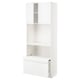 A white METOD kitchen cabinet with a glossy finish, featuring an open shelf and a drawer.