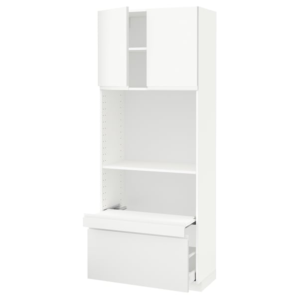 A white METOD kitchen unit with minimalist design, featuring integrated handles.