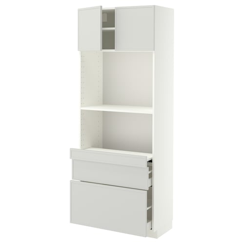 METOD / MAXIMERA Hi cb w pull-out shlf/2 drwrs/2 drs, white/Aspudden light grey, 80x41x200 cm
