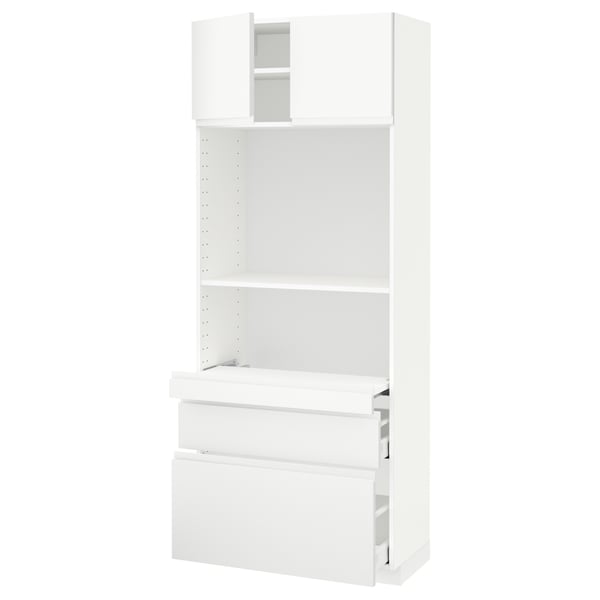 White METOD kitchen unit with shelves, drawers, and cabinet. Modern minimalist design, sturdy, adjustable shelves.
