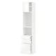 White METOD kitchen cabinet with high gloss finish, open shelving, and pull-out drawers, tall rectangular shape.