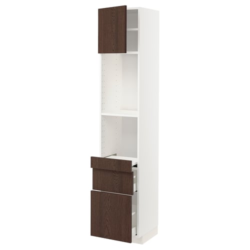 Ikea METOD white kitchen cabinet, dark brown sinarp drawers and doors.