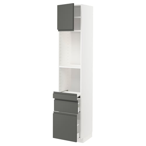 Modern kitchen cabinet, white with dark grey drawers, tall rectangular shape, minimalist design.