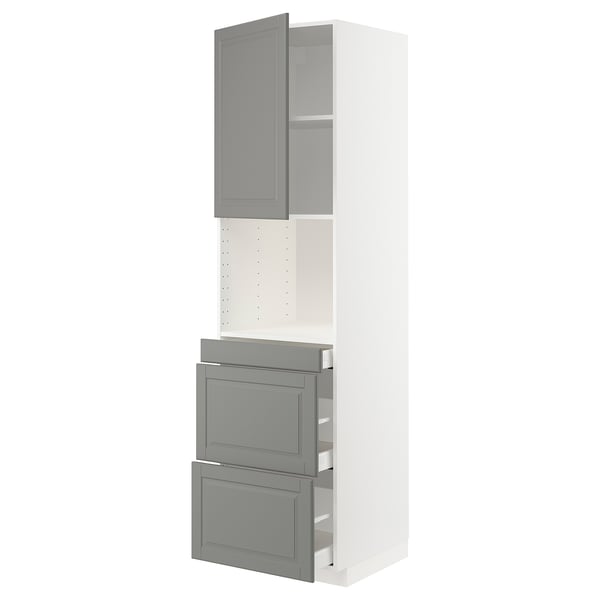 Grey METOD kitchen unit with white cabinet, shelves, and pull-out drawers.