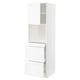 A white METOD kitchen cabinet with multiple drawers and shelves. The modern design includes two open shelves and three pull-out drawers for storage.