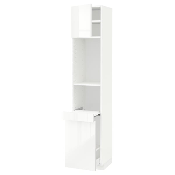 A sleek, white METOD kitchen cabinet with a high-gloss finish, vertical design, and adjustable shelf.