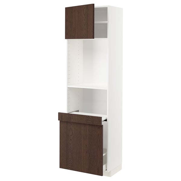 Dark brown sinarp wood cabinet with white METOD frame, tall with two shelves.