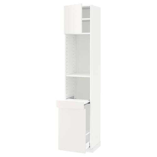 White METOD kitchen cabinet with open door and shelves.
