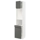 Modern kitchen cabinet in white and dark grey. Shelves and sliding doors, sleek minimalist design.