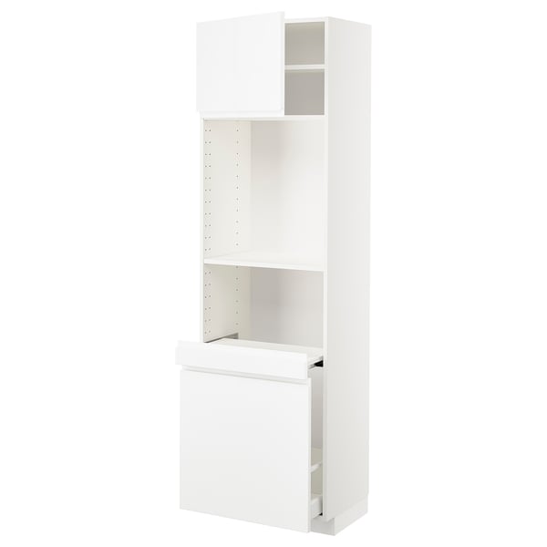 A white METOD kitchen cabinet with shelves and a drawer, part of an ikea kitchen system.