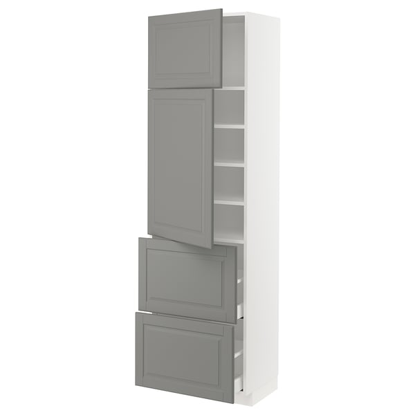 METOD kitchen unit in grey with shelves and drawers.