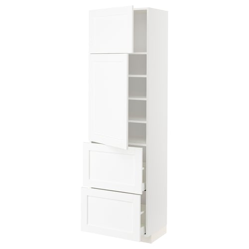 A white METOD kitchen cabinet with multiple compartments and shelves. It a modern design with a clean, minimalist look.
