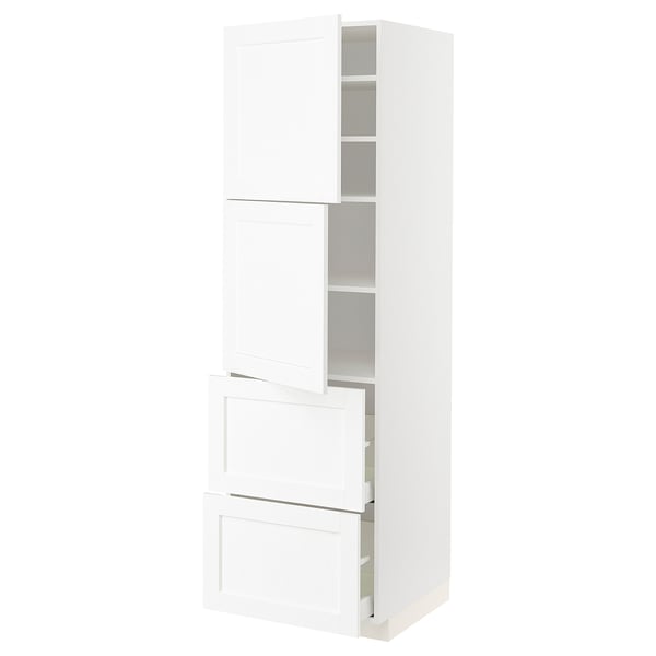 White kitchen cabinet with drawers and shelves, tall, modern design.