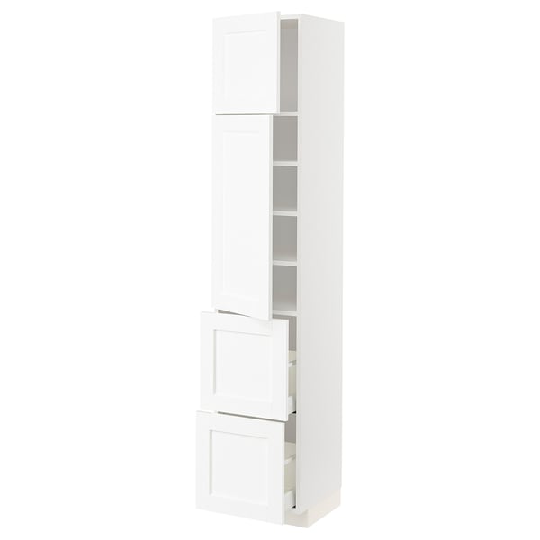 A white METOD kitchen cabinet with adjustable shelves and double doors.