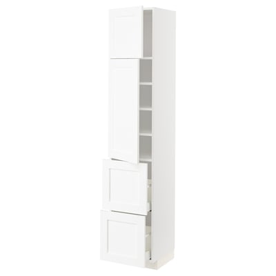 A white METOD kitchen cabinet with adjustable shelves and double doors.