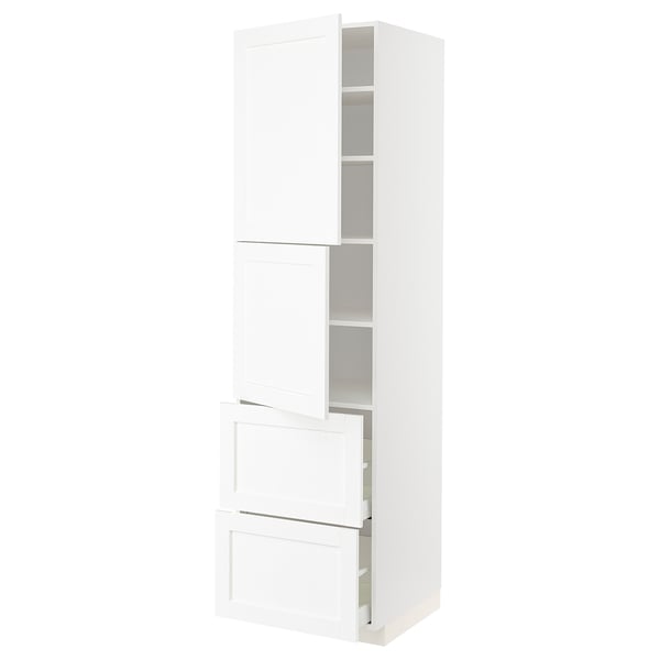 METOD white kitchen unit: tall, sleek, modern design, white foil finish, multiple adjustable shelves, integrated drawers.