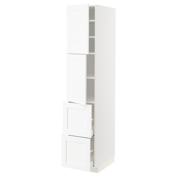 White METOD kitchen cabinet, tall with drawers and shelves.