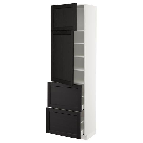 METOD kitchen unit: tall, white, black-stained wooden doors, three shelves, modern design.