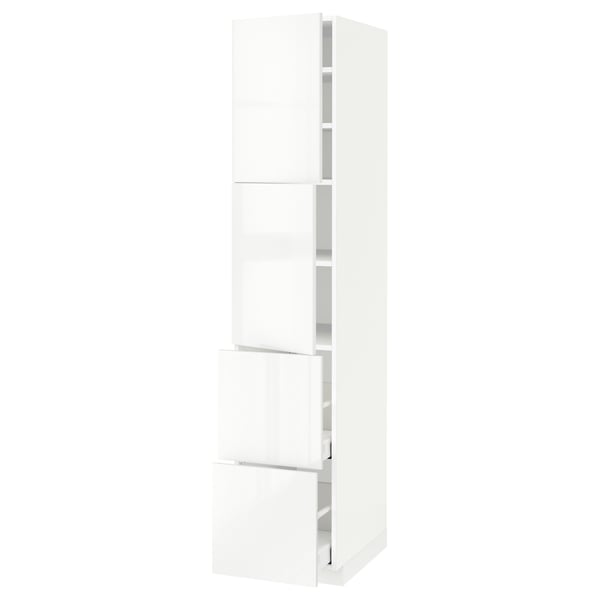 White, tall METOD kitchen cabinet with glossy doors and adjustable shelves.