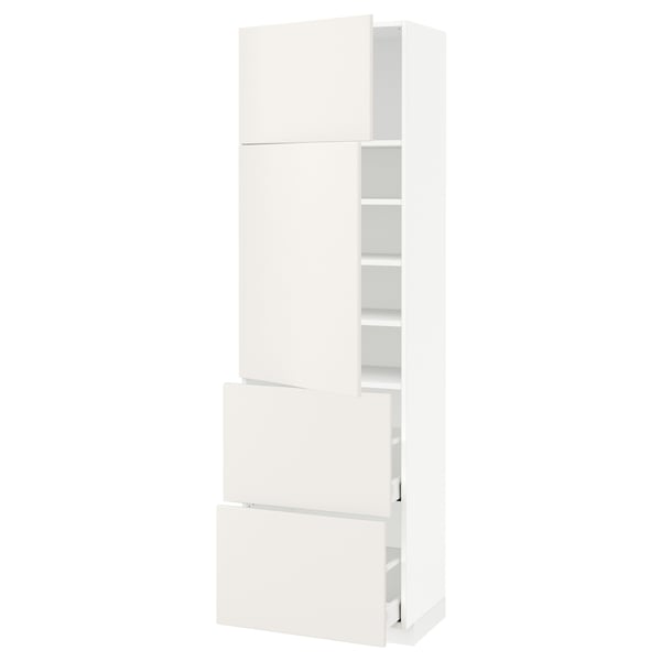 A white ikea METOD kitchen cabinet set featuring high smooth-lined fronts and adjustable shelves.