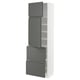 METOD kitchen unit. Tall, white storage with dark grey drawers and shelves, modern design.