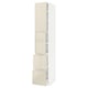 A tall, white METOD kitchen cabinet with beige high-gloss doors. It multiple storage levels and integrated handles, designed for modern kitchens.