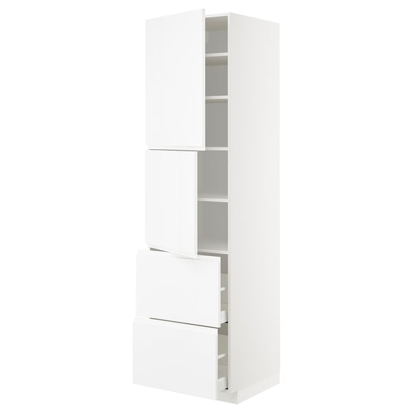 Modern white high gloss kitchen cabinet with two drawers and three shelves, sleek handle-less design.