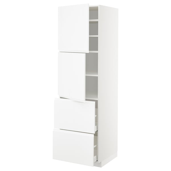A high gloss white METOD kitchen cabinet with pull-out drawers and adjustable shelves, featuring a sleek, modern design.