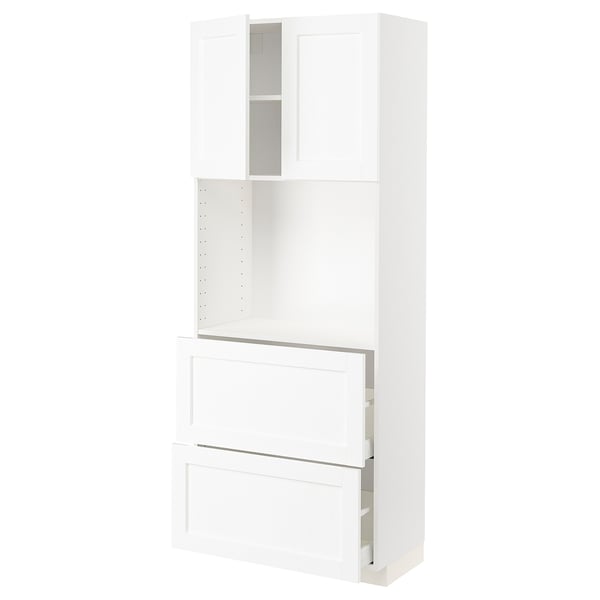 A white METOD kitchen cabinet unit with multiple storage compartments, including adjustable shelves and drawers.